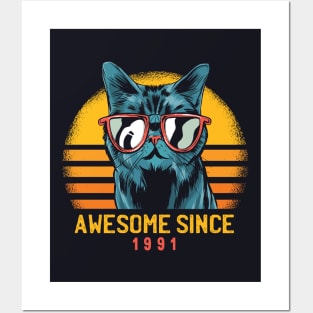 Retro Cool Cat Awesome Since 1991 // Awesome Cattitude Cat Lover Posters and Art